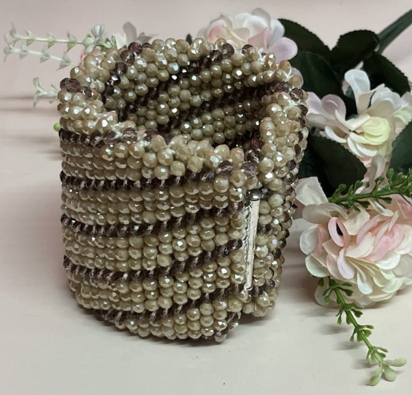 Ultra Wide Swirl Crystal Cuff – 10cm hand-crocheted w/ Bohemian crystals. Secure clasp. Hypoallergenic