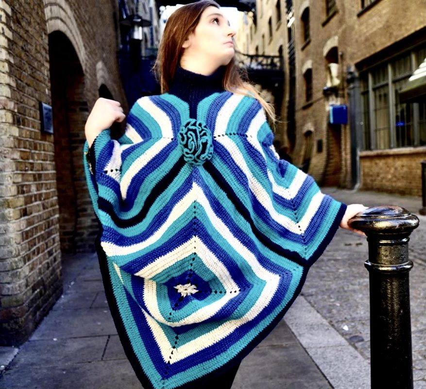 Wings Of A Butterfly Poncho - Hand-crocheted geometric lambswool blend. Custom colors. Only 1 remaining. By Sarah Valley UK