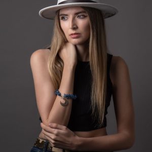 Gemstone and Crystal Moonlight Bracelet - Semi-precious stones & blue Bohemian crystals w/ silver moon charm. Handmade UK hypoallergenic jewellery.