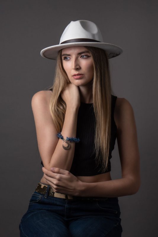 Gemstone and Crystal Moonlight Bracelet - Semi-precious stones & blue Bohemian crystals w/ silver moon charm. Handmade UK hypoallergenic jewellery.