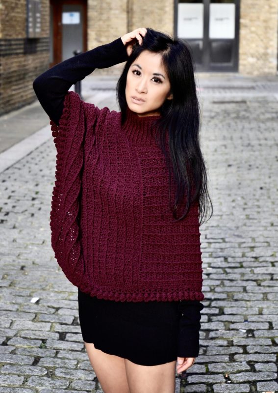 Burgundy Ribbed Poncho - Hand-crocheted pure cotton poncho with artisanal ribbed detailing. Custom color options available. Sarah Valley UK