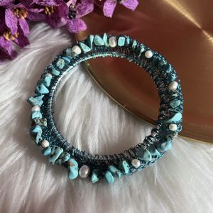 Gemstone & Pearl Bangle - Handmade with AA pearls & real gemstones. Hypoallergenic heirloom piece.