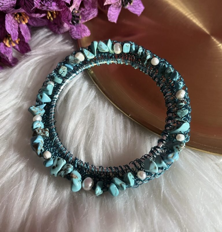 Gemstone & Pearl Bangle - Handmade with AA pearls & real gemstones. Hypoallergenic heirloom piece.