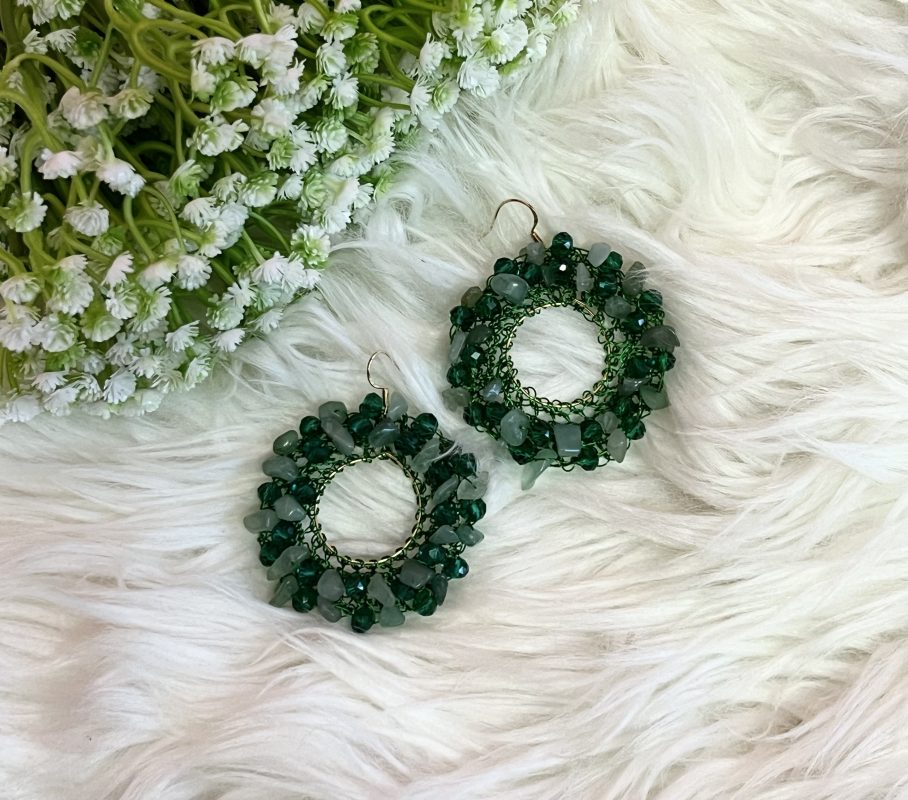 The Gemstone and Bohemian Crystal Earrings combine vibrant gemstones and fire-polished Czech crystals in a lightweight 6.5cm hoop. Hypoallergenic and customizable. #BohoChic