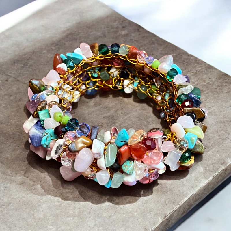 Gemstone Pearl Crystal Bracelet - Nature’s trio: gemstones, crystals & pearls. Hypoallergenic artisan uniqueness.