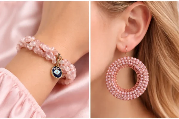 Hypoallergenic wire crochet bracelet and earrings worn on sensitive skin. eczema safe