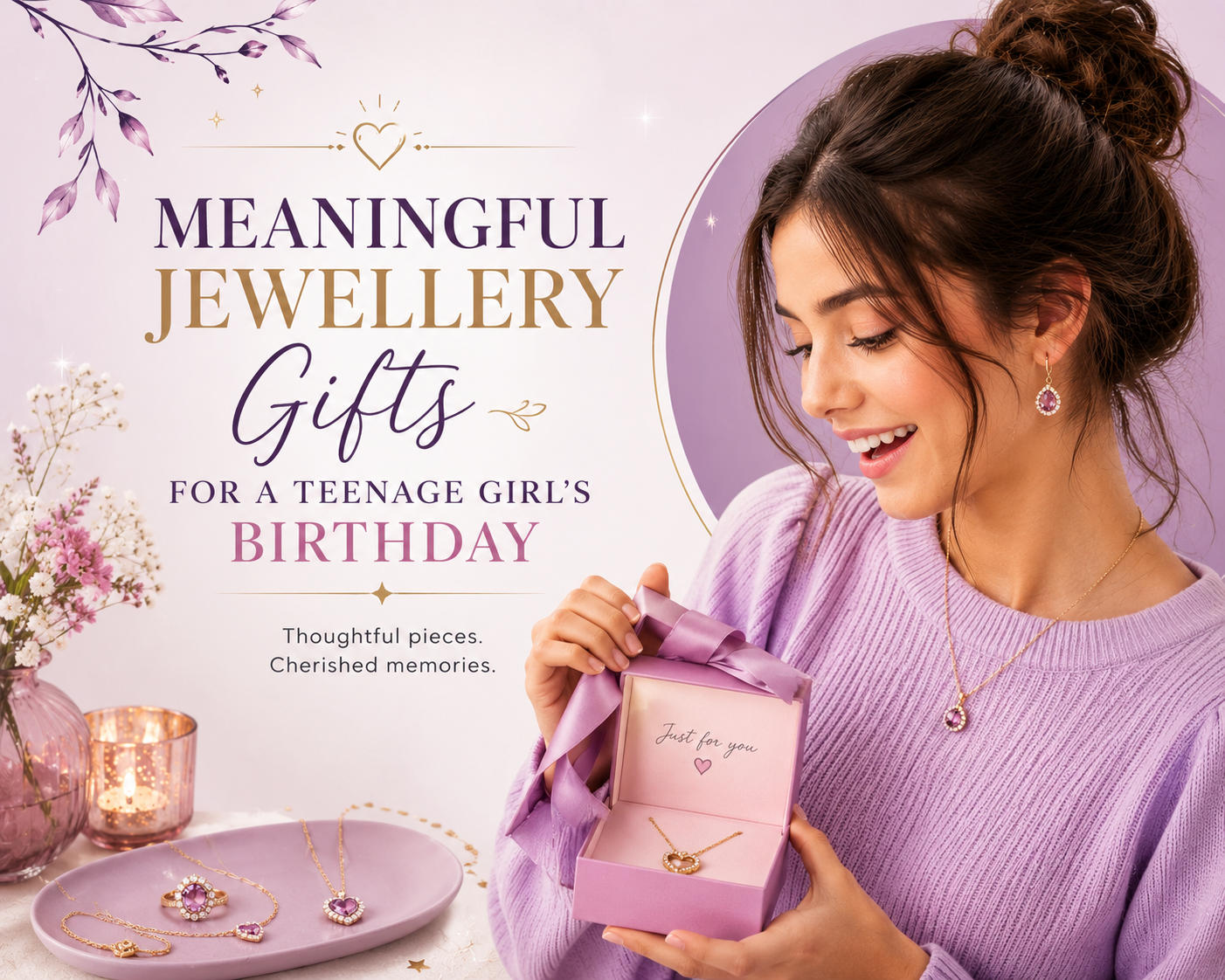 Meaningful jewellery gifts for a teenage girl’s birthday, featuring a young woman holding an elegant pink jewellery gift box with a necklace, surrounded by delicate jewellery, flowers, and soft lavender-pink décor.