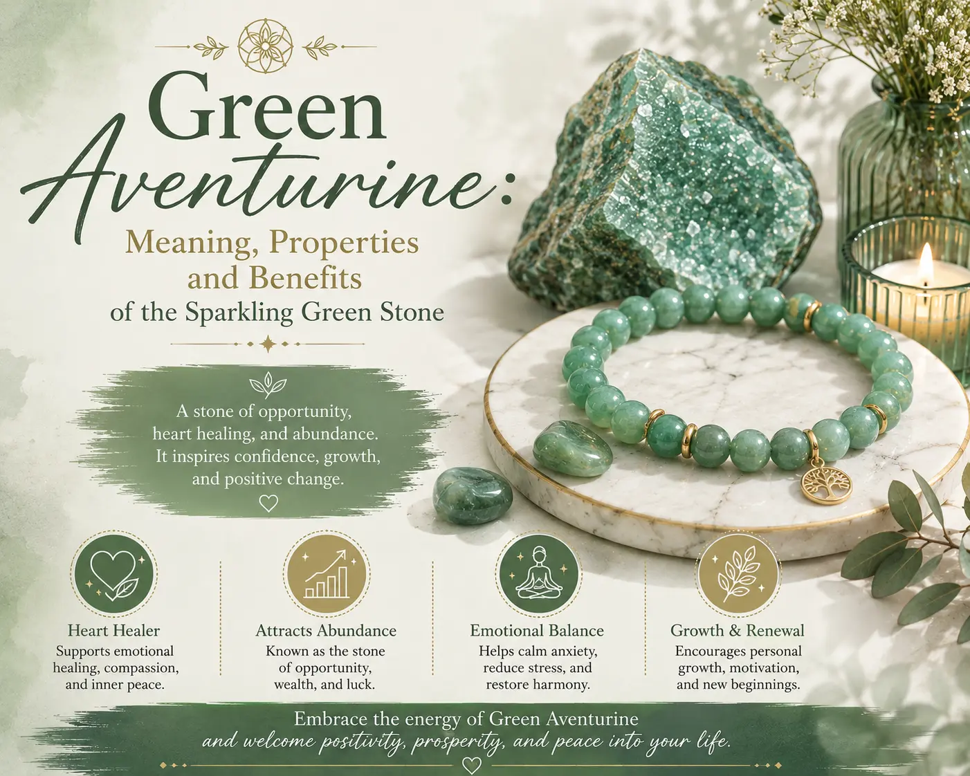 “Green aventurine crystal and beaded bracelet displayed with marble, candles, and botanical accents, illustrating the meaning, properties, and benefits of the sparkling green stone.”