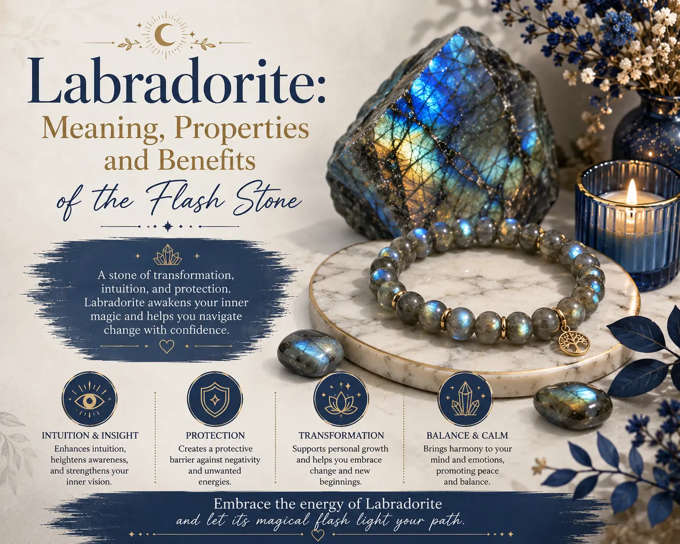 “Labradorite crystal and beaded bracelet displaying vibrant blue flashes on marble, surrounded by candlelight and botanical accents, illustrating the meaning, properties, and benefits of the flash stone.”
