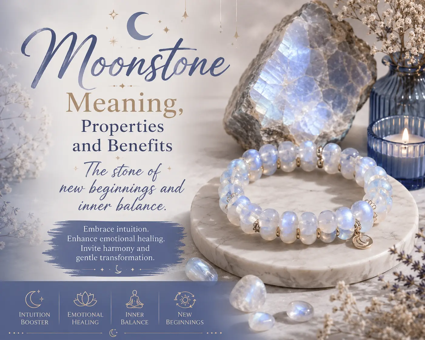 “Moonstone crystal and beaded bracelet displayed on marble with candles and dried flowers, illustrating the meaning, properties, and benefits of moonstone.”