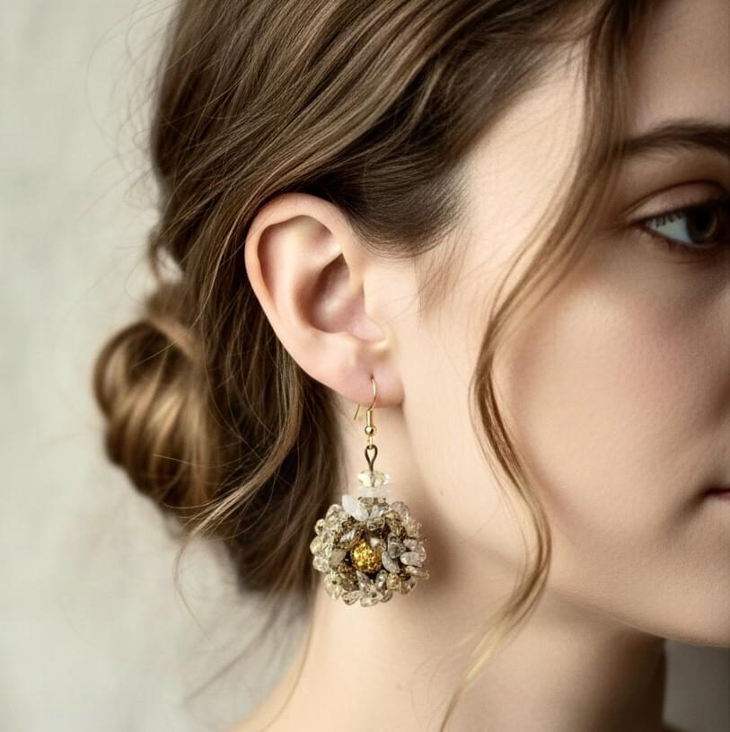 Handmade gemstone drop earrings featuring natural gemstones and a sparkling Rhinestone crystal in a wire crochet cluster design