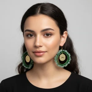 May birthstone earrings with Taurus charm, green aventurine wire crochet hoop, handmade in England